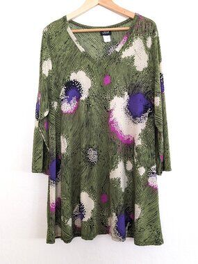 JOSTAR Blouse XL Green Abstract V Neck 3/4 Sleeve Comfortable Stretch Top